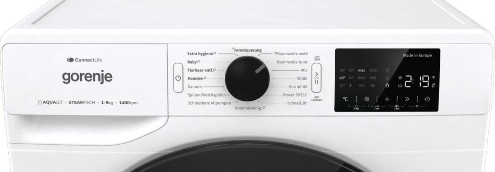 Gorenje WPNEI94DA1TS 9kg Frontlader Waschmaschine, 60 cm breit, 1400 U/Min, AquaStop, WLAN, 15 Programme, Kindersicherung, weiß
