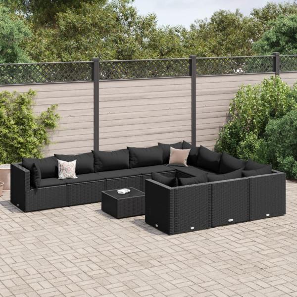 ARDEBO.de - 11-tlg. Garten-Sofagarnitur mit Kissen Schwarz Poly Rattan