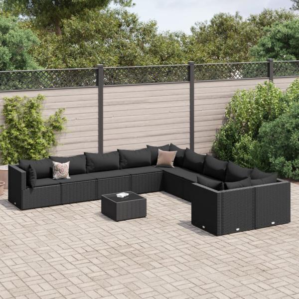 ARDEBO.de - 11-tlg. Garten-Sofagarnitur mit Kissen Schwarz Poly Rattan
