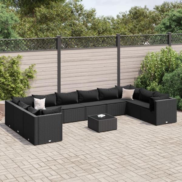 ARDEBO.de - 11-tlg. Garten-Lounge-Set mit Kissen Schwarz Poly Rattan