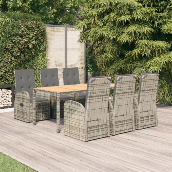 ARDEBO.de - 7-tlg. Garten-Essgruppe mit Kissen Grau Poly Rattan