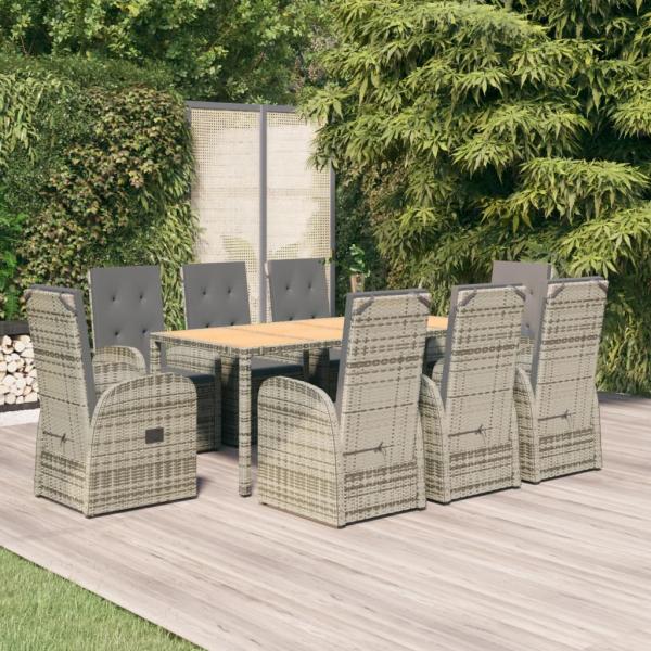 ARDEBO.de - 9-tlg. Garten-Essgruppe mit Kissen Grau Poly Rattan