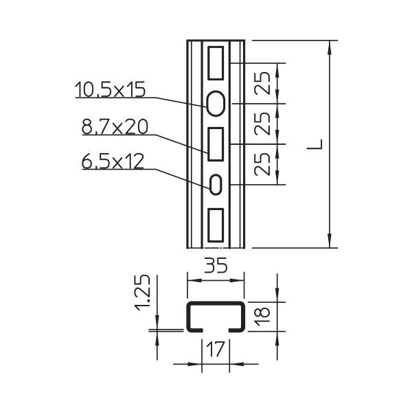 OBO Bettermann CML3518P2000A2 Profilschiene, gelocht, Schlitzweite 17mm, 2000x35x18mm, Edelstahl rostfrei (1104501)