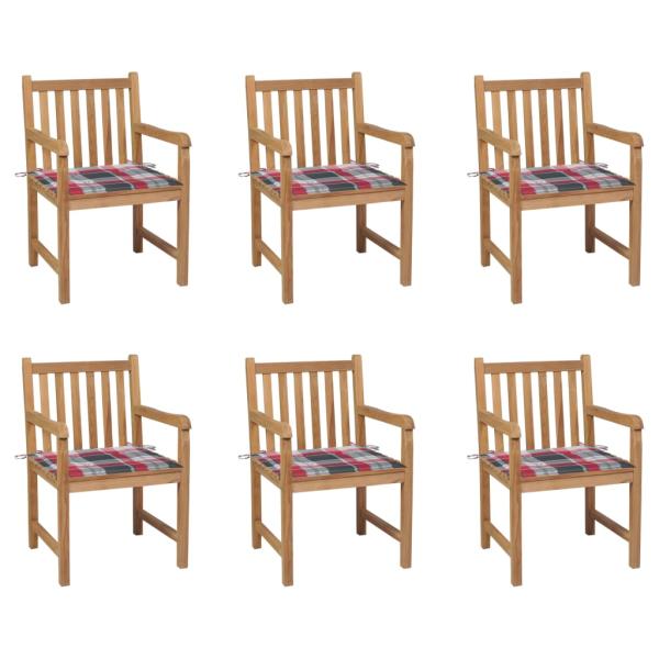 ARDEBO.de - Gartenstühle 6 Stk. Rote Karomuster-Kissen Massivholz Teak