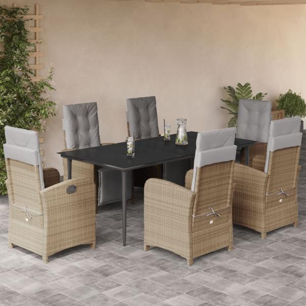 ARDEBO.de - 7-tlg. Garten-Essgruppe mit Kissen Beige Poly Rattan