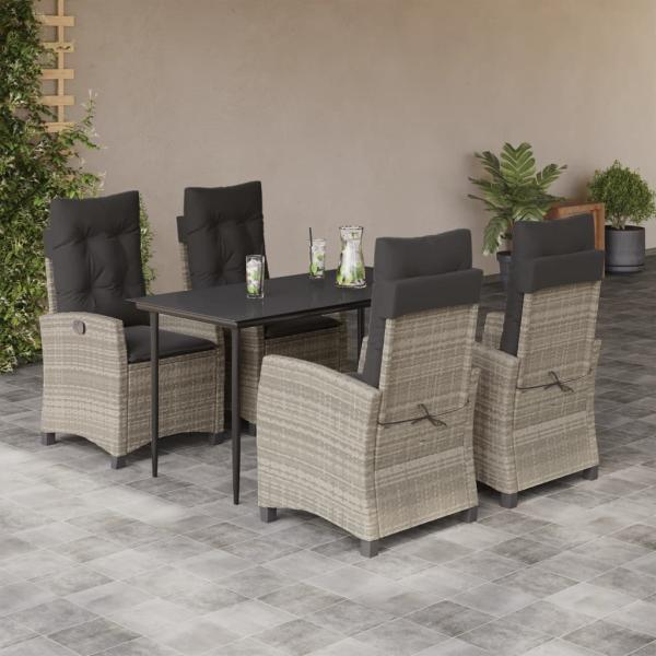 ARDEBO.de - 5-tlg. Garten-Essgruppe mit Kissen Hellgrau Poly Rattan