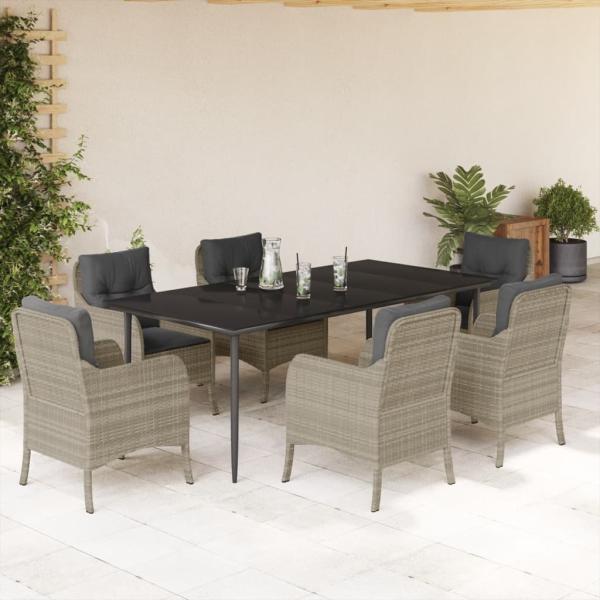 ARDEBO.de - 7-tlg. Garten-Essgruppe mit Kissen Hellgrau Poly Rattan