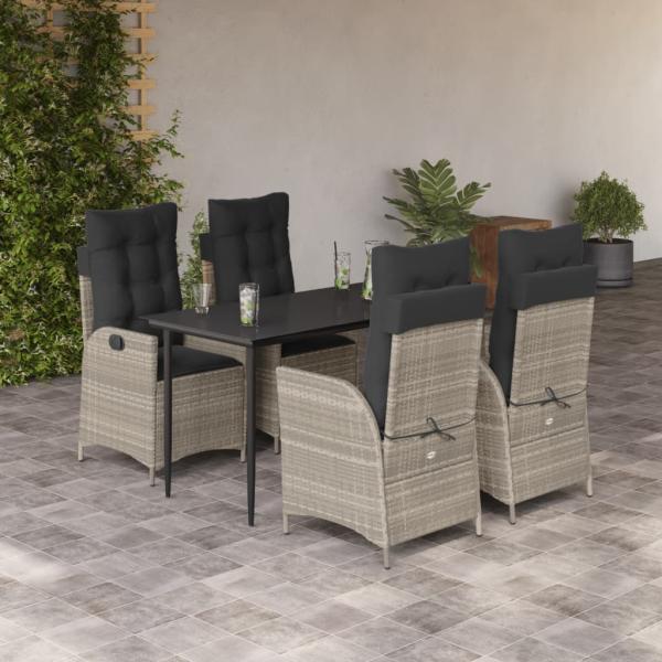 ARDEBO.de - 5-tlg. Garten-Essgruppe mit Kissen Hellgrau Poly Rattan