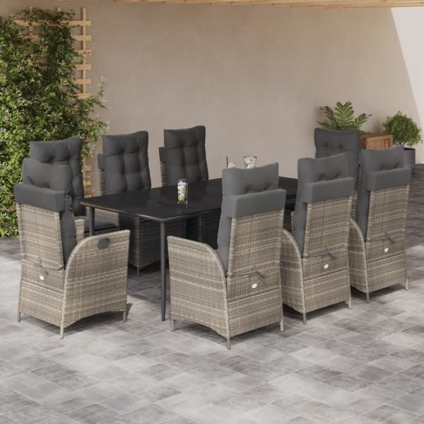 ARDEBO.de - 9-tlg. Garten-Essgruppe mit Kissen Hellgrau Poly Rattan
