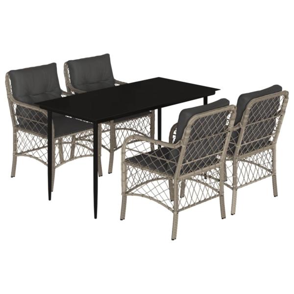 5-tlg. Garten-Essgruppe mit Kissen Hellgrau Poly Rattan