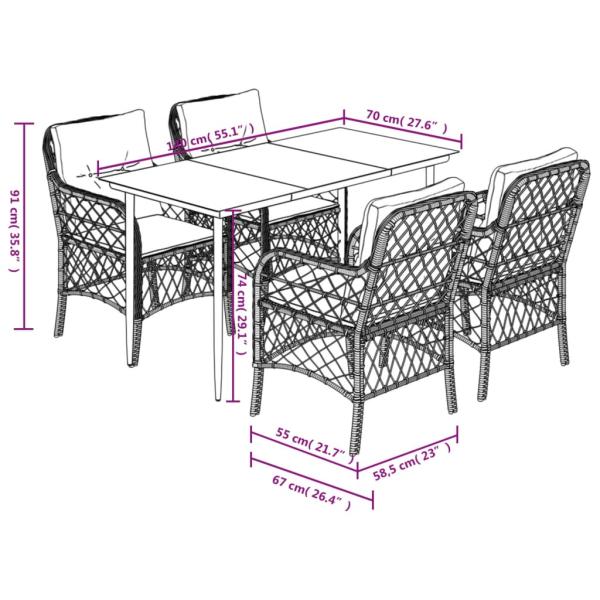 5-tlg. Garten-Essgruppe mit Kissen Hellgrau Poly Rattan