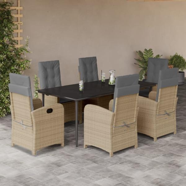 ARDEBO.de - 7-tlg. Garten-Essgruppe mit Kissen Beigemischung Poly Rattan