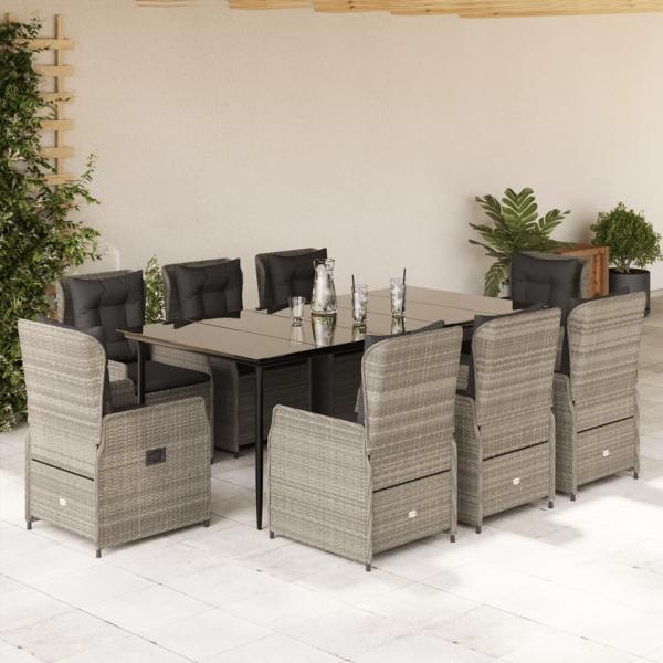 ARDEBO.de - 9-tlg. Garten-Essgruppe mit Kissen Hellgrau Poly Rattan