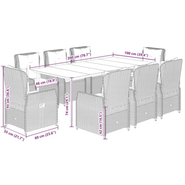 9-tlg. Garten-Essgruppe mit Kissen Hellgrau Poly Rattan