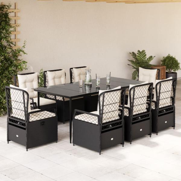 ARDEBO.de - 9-tlg. Garten-Essgruppe mit Kissen Schwarz Poly Rattan