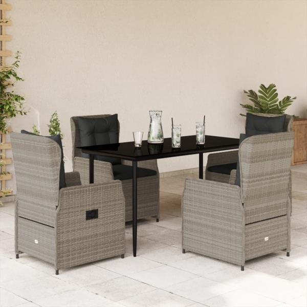ARDEBO.de - 5-tlg. Garten-Essgruppe mit Kissen Hellgrau Poly Rattan