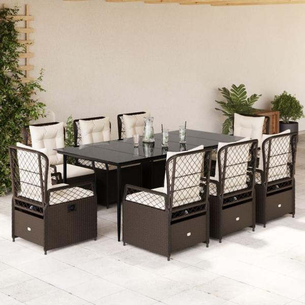 ARDEBO.de - 9-tlg. Garten-Essgruppe mit Kissen Braun Poly Rattan