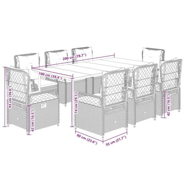 9-tlg. Garten-Essgruppe mit Kissen Braun Poly Rattan
