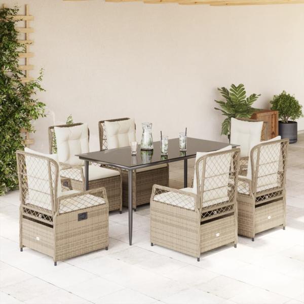 ARDEBO.de - 7-tlg. Garten-Essgruppe mit Kissen Beige Poly Rattan