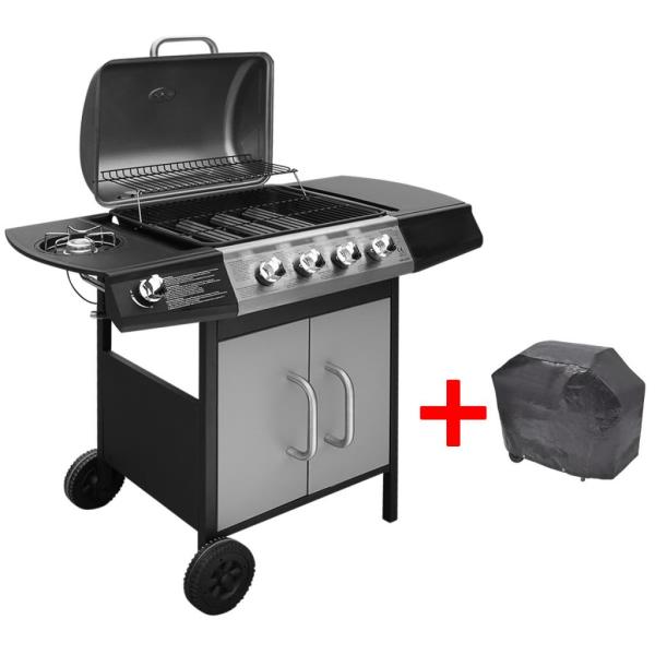 ARDEBO.de - Gasgrill 4+1 Flammen Schwarz und Silbern