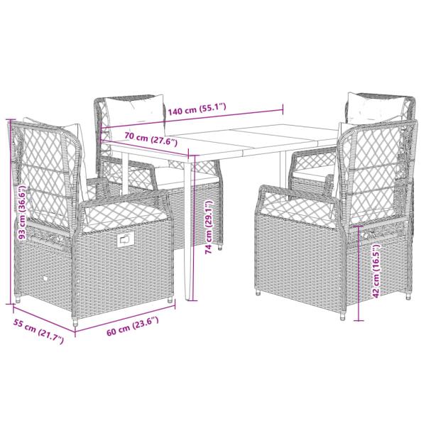 5-tlg. Garten-Essgruppe mit Kissen Beige Poly Rattan