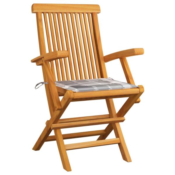 Gartenstühle Graue Karomuster-Kissen 4 Stk. Massivholz Teak
