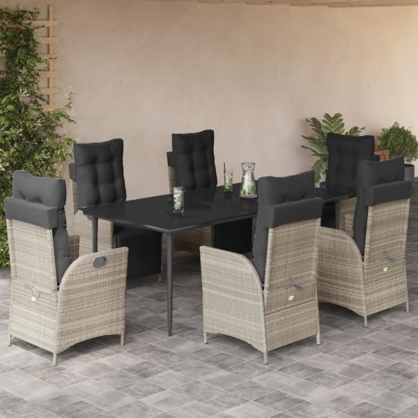 ARDEBO.de - 7-tlg. Garten-Essgruppe mit Kissen Hellgrau Poly Rattan