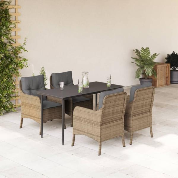 ARDEBO.de - 5-tlg. Garten-Essgruppe mit Kissen Beige Poly Rattan