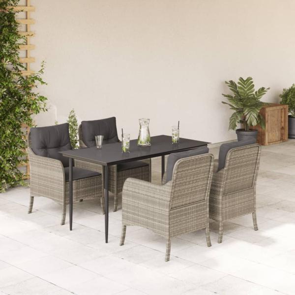 ARDEBO.de - 5-tlg. Garten-Essgruppe mit Kissen Hellgrau Poly Rattan