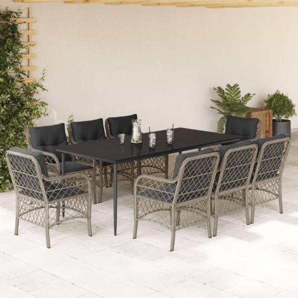 ARDEBO.de - 9-tlg. Garten-Essgruppe mit Kissen Hellgrau Poly Rattan
