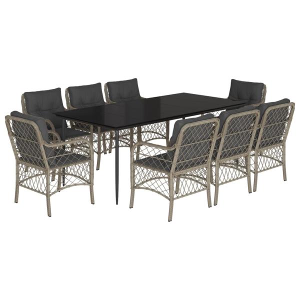 9-tlg. Garten-Essgruppe mit Kissen Hellgrau Poly Rattan