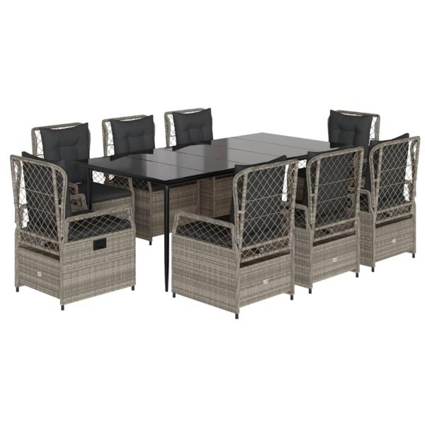 9-tlg. Garten-Essgruppe mit Kissen Hellgrau Poly Rattan