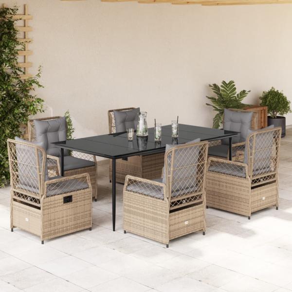 ARDEBO.de - 7-tlg. Garten-Essgruppe mit Kissen Beige Poly Rattan
