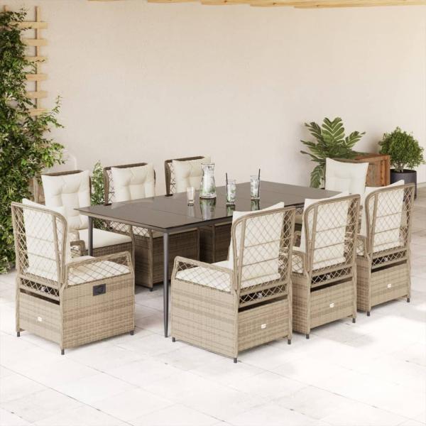 ARDEBO.de - 9-tlg. Garten-Essgruppe mit Kissen Beige Poly Rattan