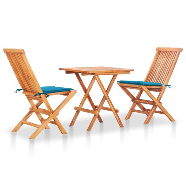 ARDEBO.de - 3-tlg. Bistroset mit Blauen Kissen Massivholz Teak