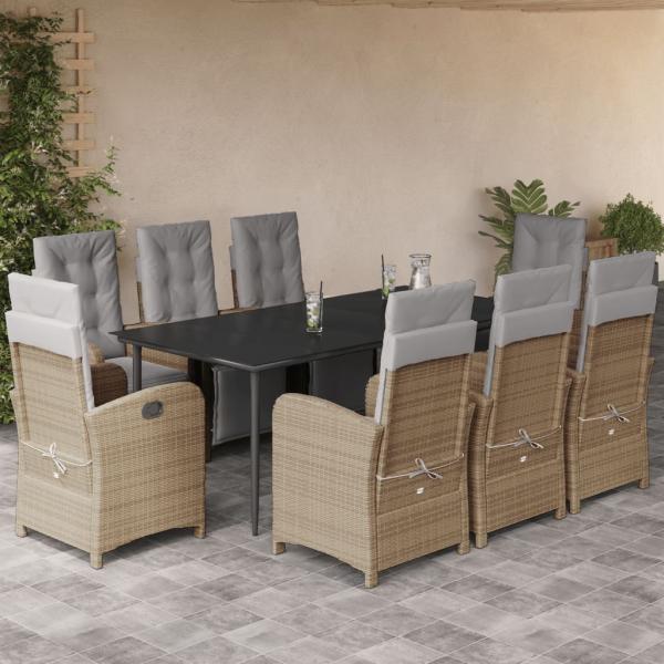 ARDEBO.de - 9-tlg. Garten-Essgruppe mit Kissen Beige Poly Rattan