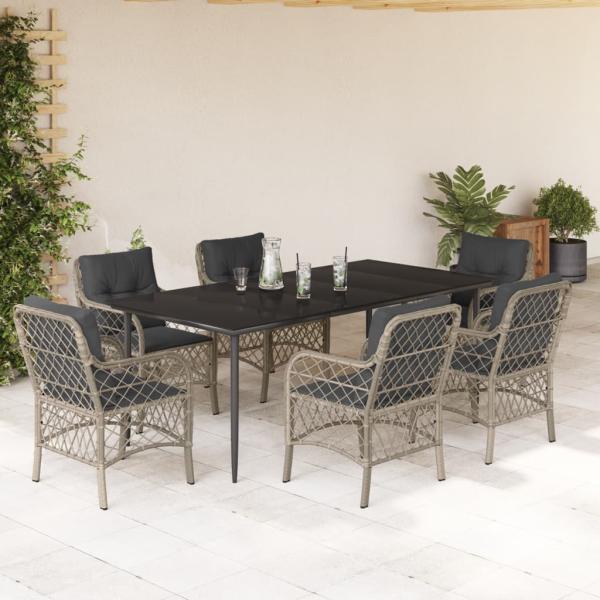 ARDEBO.de - 7-tlg. Garten-Essgruppe mit Kissen Hellgrau Poly Rattan