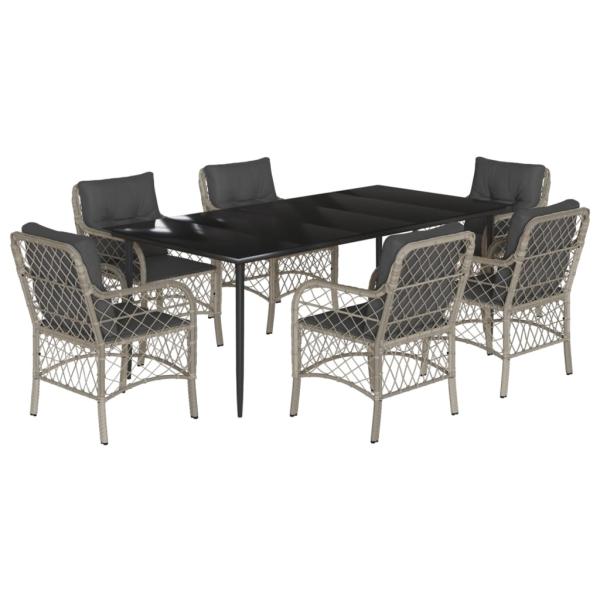 7-tlg. Garten-Essgruppe mit Kissen Hellgrau Poly Rattan