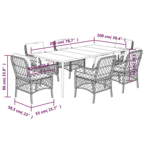 7-tlg. Garten-Essgruppe mit Kissen Hellgrau Poly Rattan