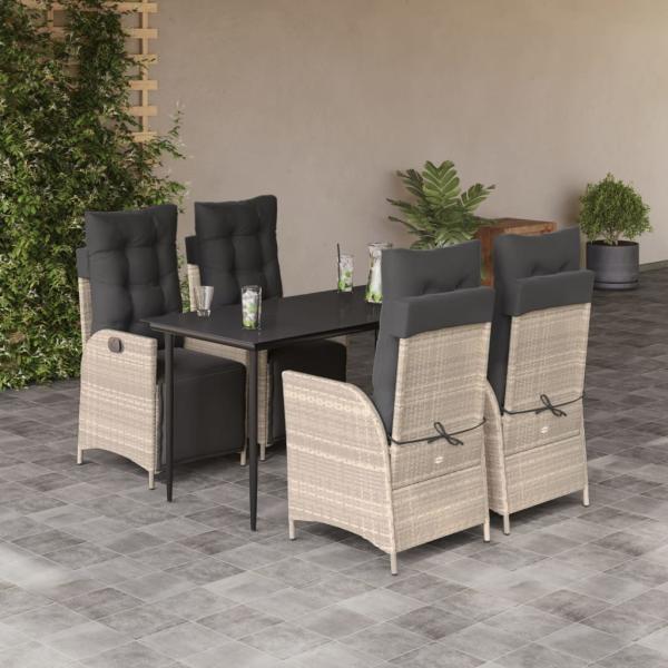 ARDEBO.de - 5-tlg. Garten-Essgruppe mit Kissen Hellgrau Poly Rattan