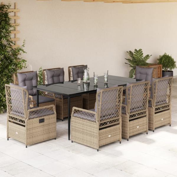 ARDEBO.de - 9-tlg. Garten-Essgruppe mit Kissen Beige Poly Rattan