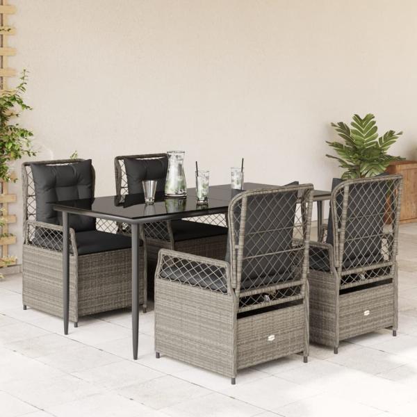 ARDEBO.de - 5-tlg. Garten-Essgruppe mit Kissen Hellgrau Poly Rattan
