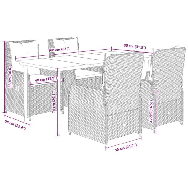 5-tlg. Garten-Essgruppe mit Kissen Braun Poly Rattan