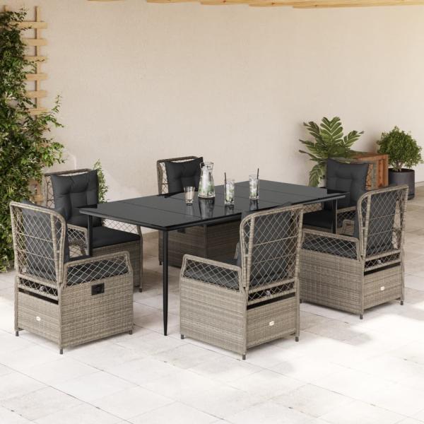 ARDEBO.de - 7-tlg. Garten-Essgruppe mit Kissen Hellgrau Poly Rattan