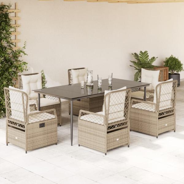 ARDEBO.de - 7-tlg. Garten-Essgruppe mit Kissen Beige Poly Rattan