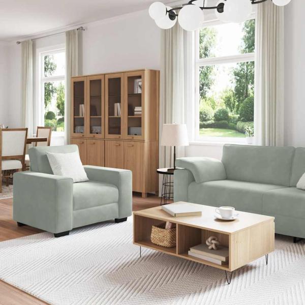 3-tlg. Sofagarnitur mit Kissen Hellgrau Samt
