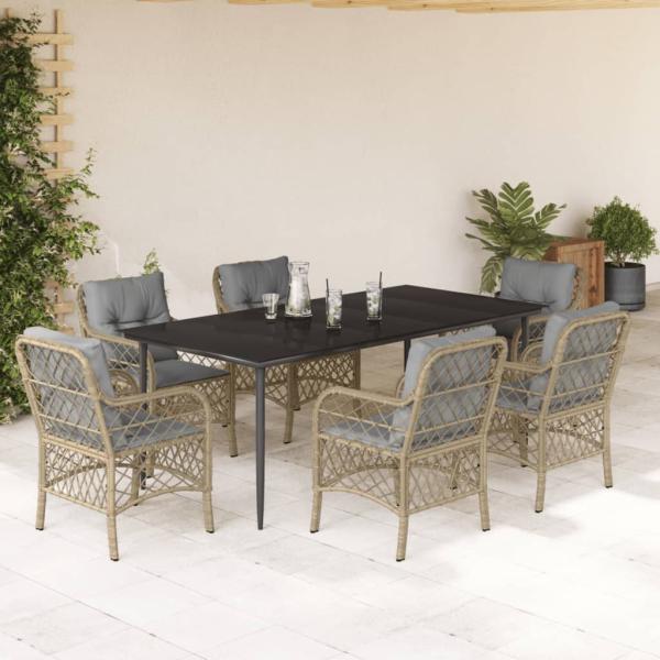 ARDEBO.de - 7-tlg. Garten-Essgruppe mit Kissen Beigemischung Poly Rattan