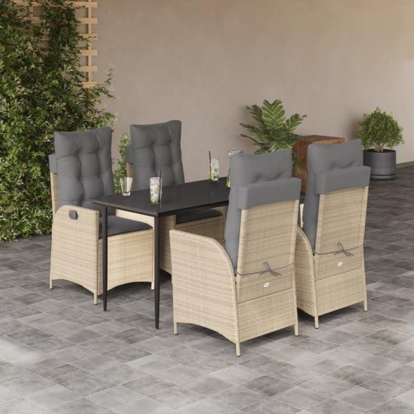 ARDEBO.de - 5-tlg. Garten-Essgruppe mit Kissen Beige Poly Rattan