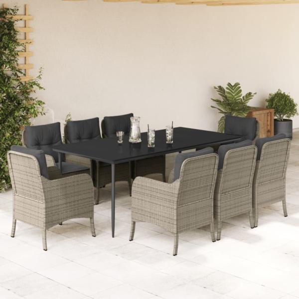 ARDEBO.de - 9-tlg. Garten-Essgruppe mit Kissen Hellgrau Poly Rattan