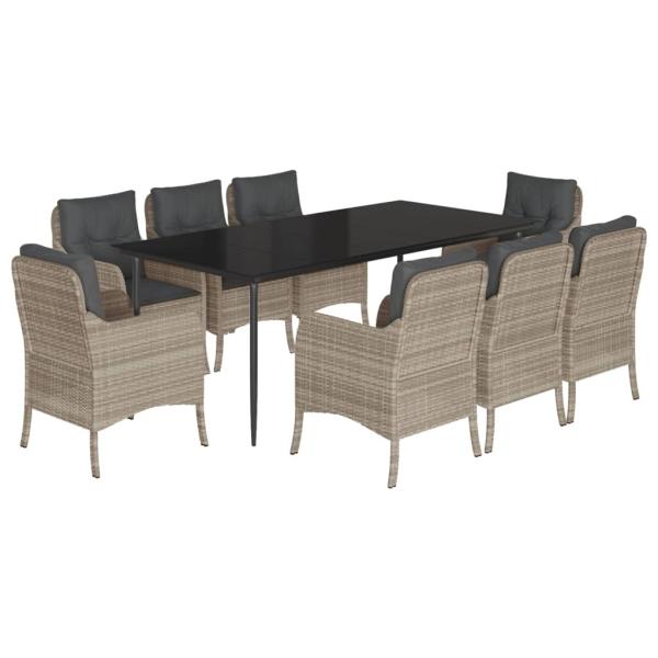9-tlg. Garten-Essgruppe mit Kissen Hellgrau Poly Rattan